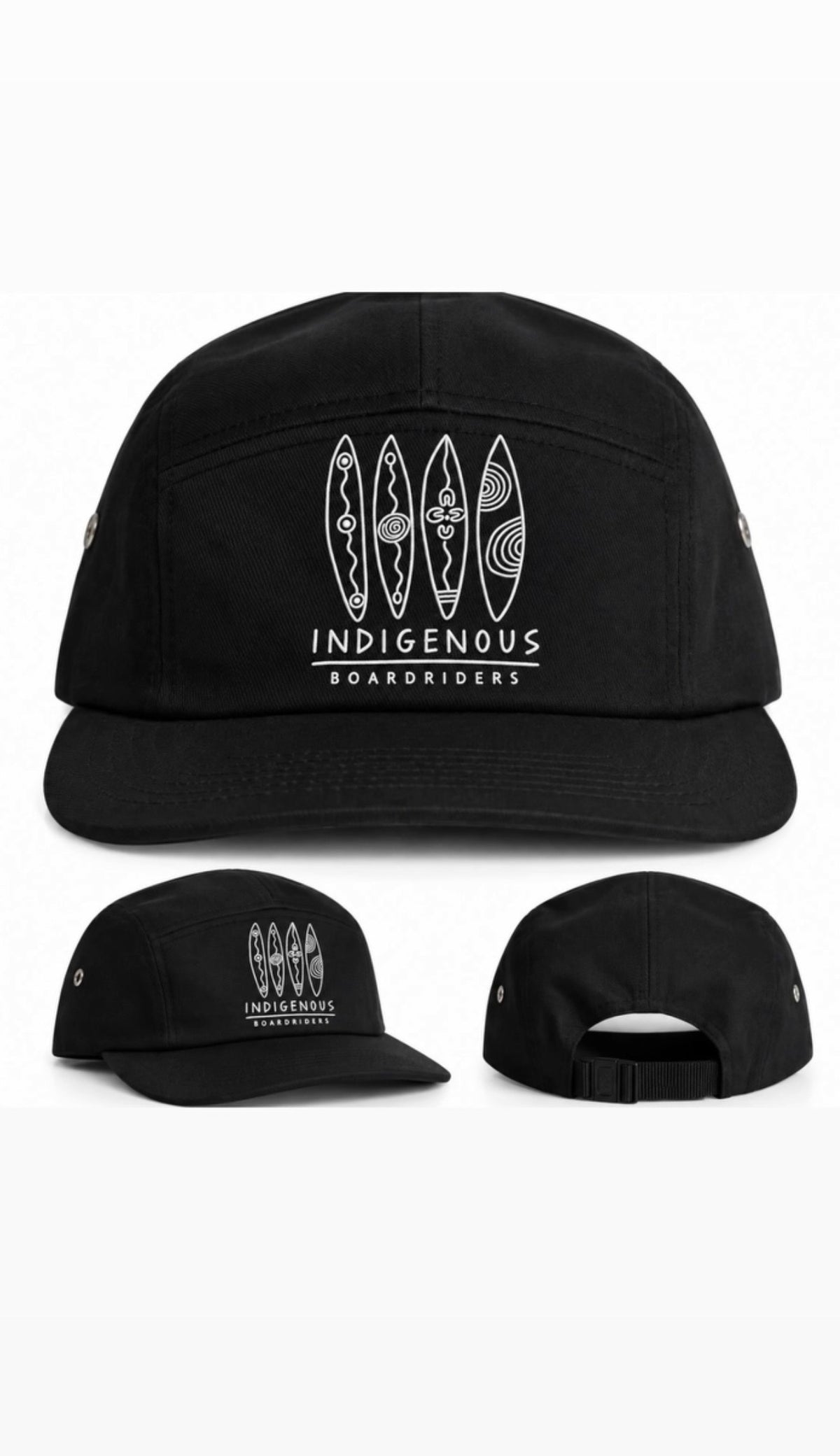 Black Indigenous Boardriders cap with white surfboard logo, shown from the front, side and back